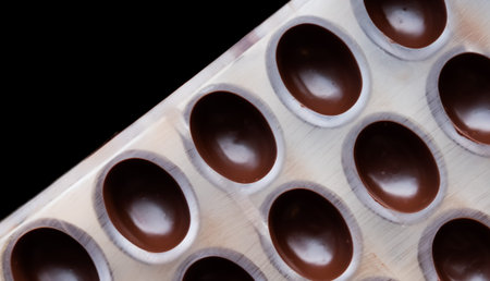 Dark chocolate molded pralines in the making on black background.の写真素材