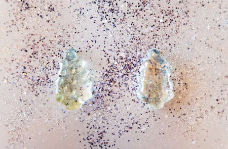 Glass Christmas trees and golden silver glitters on pastel beige background. Winter holidays concept. の写真素材