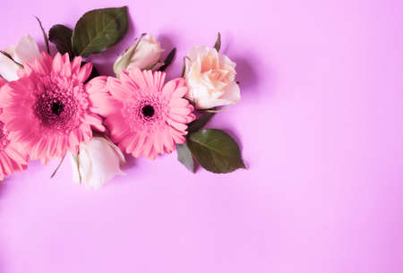 Beautiful roses and gerbera flowers on neon lilac background, festive concept. の写真素材