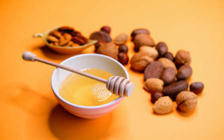 Agave syrup in pink bowl, wooden honey dipper and different nuts on vivid orange background. の写真素材