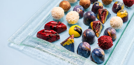 Colorful trendy chocolate pralines and truffles on pastel blue background. Modern chocolate design.