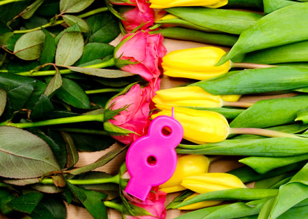 Pink roses and candle 8 with yellow tulips background. March 8 festive concept.