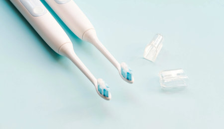 White electric toothbrush, brush heads, case on pastel blue background.