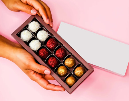 Chocolate box with colorful truffles in womans hands on pastel pink background.