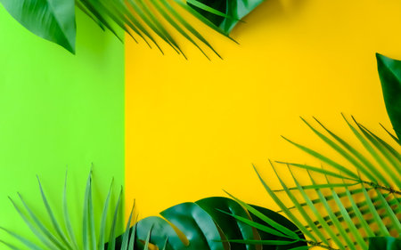 Mix of tropical leaves on green and yellow backgrounds. Place for text.
