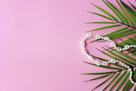 Spa background, natural seashell neckless on pink background. 