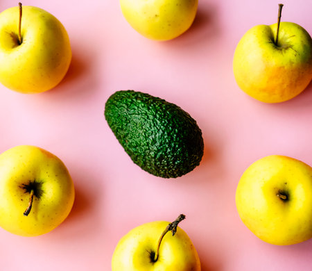 Healthy fresh organic yellow apples and green avocado on pink background. 