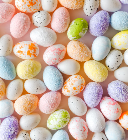 Creative Ester layout. Colorful mini artificial eggs. Spring holidays concept.