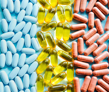 Colorful medicine pills and capsules on blue background.