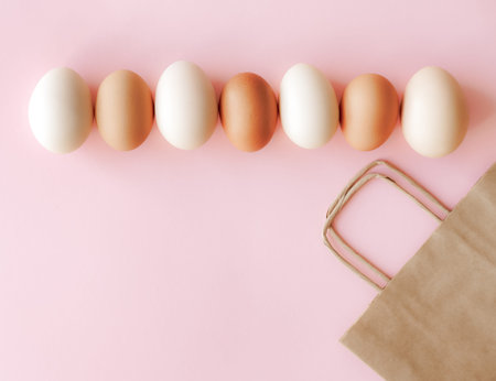 White and brown eggs and kraft paper bag on pastel pink background. の写真素材