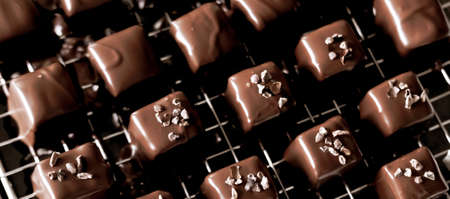 Dark chocolate marshmallow pralines and bonbons decorated with cocoa nibs.の写真素材