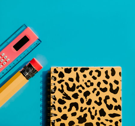 Back to school concept. Colorful school supplies and notebook on blue background. 