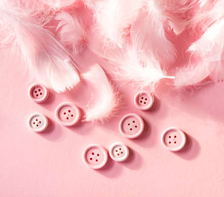 Pastel pink feather and buttons textured background. Trendy festive concept.の写真素材