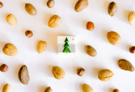 Mixed nuts pattern and Christmas gift box on white background. Winter holidays concept. の写真素材
