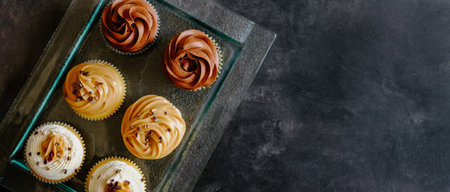 Vanilla, chocolate and caramel cupcakes on wooden table background. Sweet food concept. 