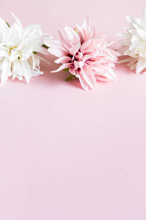 Artificial textile pink and white flowers on pastel background. の写真素材