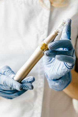 Golden dermapen for mesotherapy on cosmetologists hands in blue gloves. Cosmetology product.