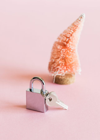 Coconut fiber orange Christmas tree and silver metal padlock with keys on pink white background.