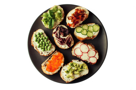 Sandwiches or tapas prepared with bread and tasty ingredients. Could be nice food for healthy...