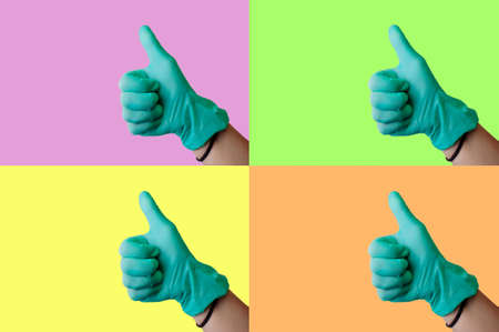 Collage on a colored background on a medical theme: a female hand in a blue latex glove makes a thumbs up like gesture. Medical health concept.の写真素材