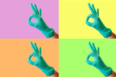 Collage on a colored background on a medical subject: a female hand in a blue latex glove makes a gesture all is well. Medical health concept.の写真素材