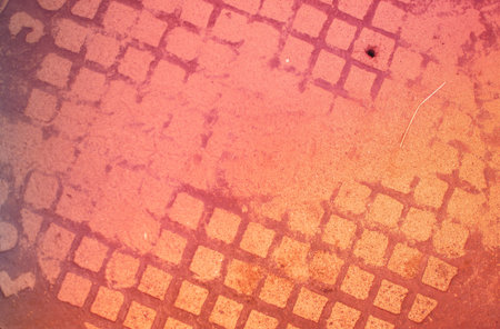 the metal cover of the sewer manhole is covered with sand. Warm toning and copy space