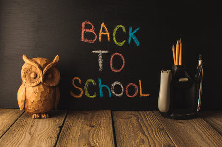 Back to school, the concept of parenting. An assortment of consumables, owl, notebook, pencils,...