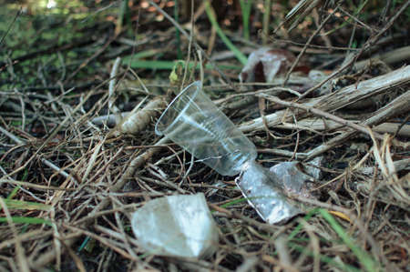plastic waste, glass, ceramics and rubbish in the forest. Environmental pollution. Environmental issue and disaster. Go Green, Zero Waste, Save the Planet, Earth Day, No Plastic, Recycling Conceptの写真素材