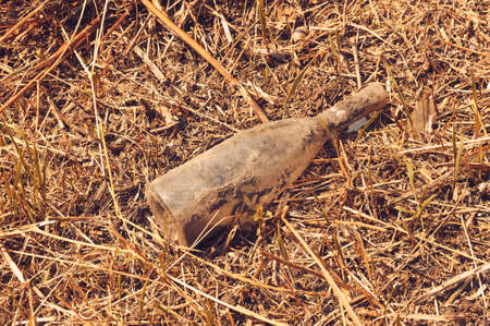 glass wine bottle and trash in the forest. Environmental pollution. Environmental issue and disaster. Go Green, Zero Waste, Save the Planet, Earth Day, No Plastic, Recycling Conceptの写真素材
