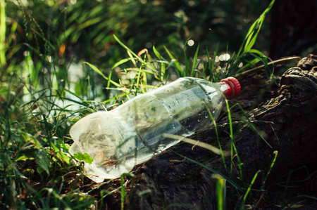 plastic bottle in the forest near the pond. Environmental pollution. Environmental issue and disaster. Go Green, Zero Waste, Save the Planet, Earth Day, No Plastic, Recycling Conceptの写真素材