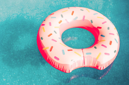 An inflatable pink donut with white icing floats in a blue pool. An inflatable circle for swimming...