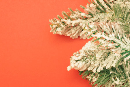Christmas flat composition of fir branches with copy space for text. Top view on white backgroundの写真素材