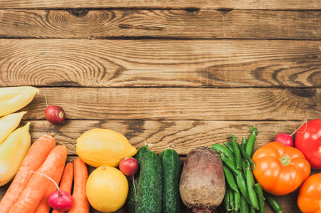 Flat lay of seasonal fruits, vegetables and herbs. Summer food concept. Healthy life and vegetarian,...