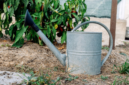 A watering can with water stands in the garden against the background of ripening red and green sweet peppers. Gardening and harvesting season.の写真素材