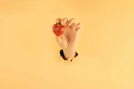 The girl holds with her fingers a red ripe strawberry. A womans hand in torn paper holds a berry....