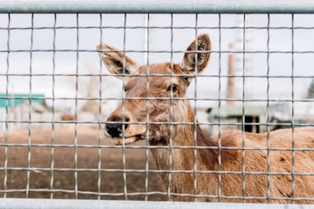 A young deer in the zoos aviary. Wildlife in limited conditions.の写真素材