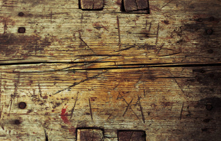 Old wooden board with scratches. Barn background with copy space.の写真素材