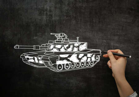 tank on the blackboard drawn in chalkの写真素材