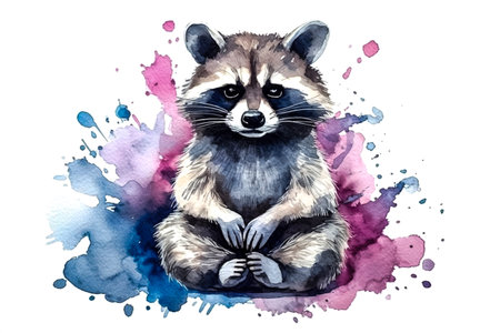 watercolor artwork featuring a raccoon in a meditative pose ai generationの素材