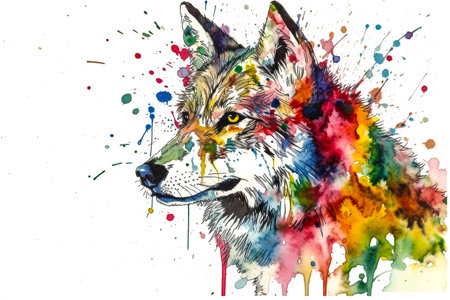 a wolf immersed in vibrant watercolor splashes ai generationの素材