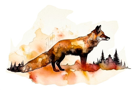 Serene fox illustration framed by towering peaks ai generation. high quality photoの素材