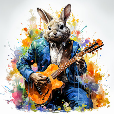 Rabbit in beautiful costume playing acoustic guitar, watercolor background, AI generationの素材