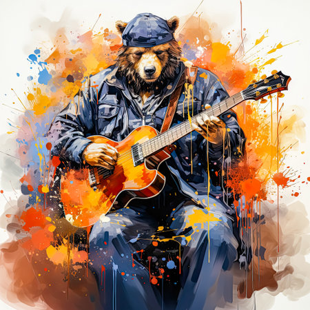 bear in a blue suit plays a guitar, against a background of watercolor splashes, AI generationの素材