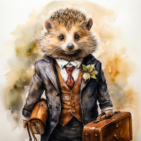 Hedgehog in a wedding suit and watercolor with suitcasesの素材