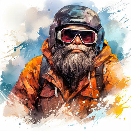 A man with a thick beard and in snowboard gear watercolorの素材