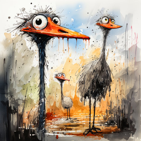 Satisfied cartoon ostrich with red beak watercolorの素材
