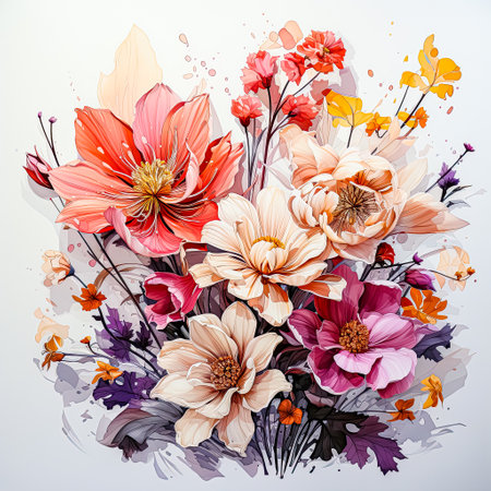 Aqua art depicting a serene landscape with blooming wildflowersの素材