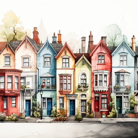 Quaint European Charm, Watercolor sketch featuring picturesque houses and rich architectural heritageの素材