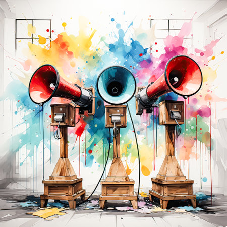 Dynamic Megaphone, A striking watercolor sketch of a bold megaphone, symbolizing impactful communicationの素材