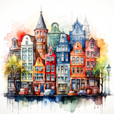 Canal Side Beauty, A watercolor sketch showcases colorful Amsterdam houses in a nature kissed landscapeの素材